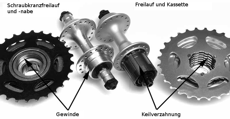 Links klassisches Schraubkranzfreilauf mit -nabe und rechts Freilaufnabe mit Kassette